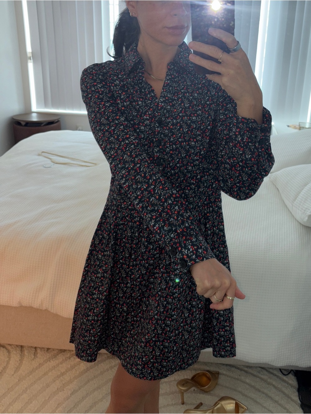 ba&sh navy Long-Sleeve Mini Dress with red floral print